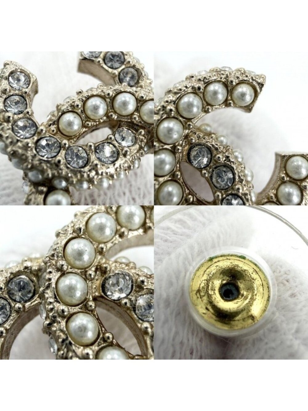 Chanel Earrings CC Logo Line Stone Faux Pearl Gold Plated White - Picture 6 of 8